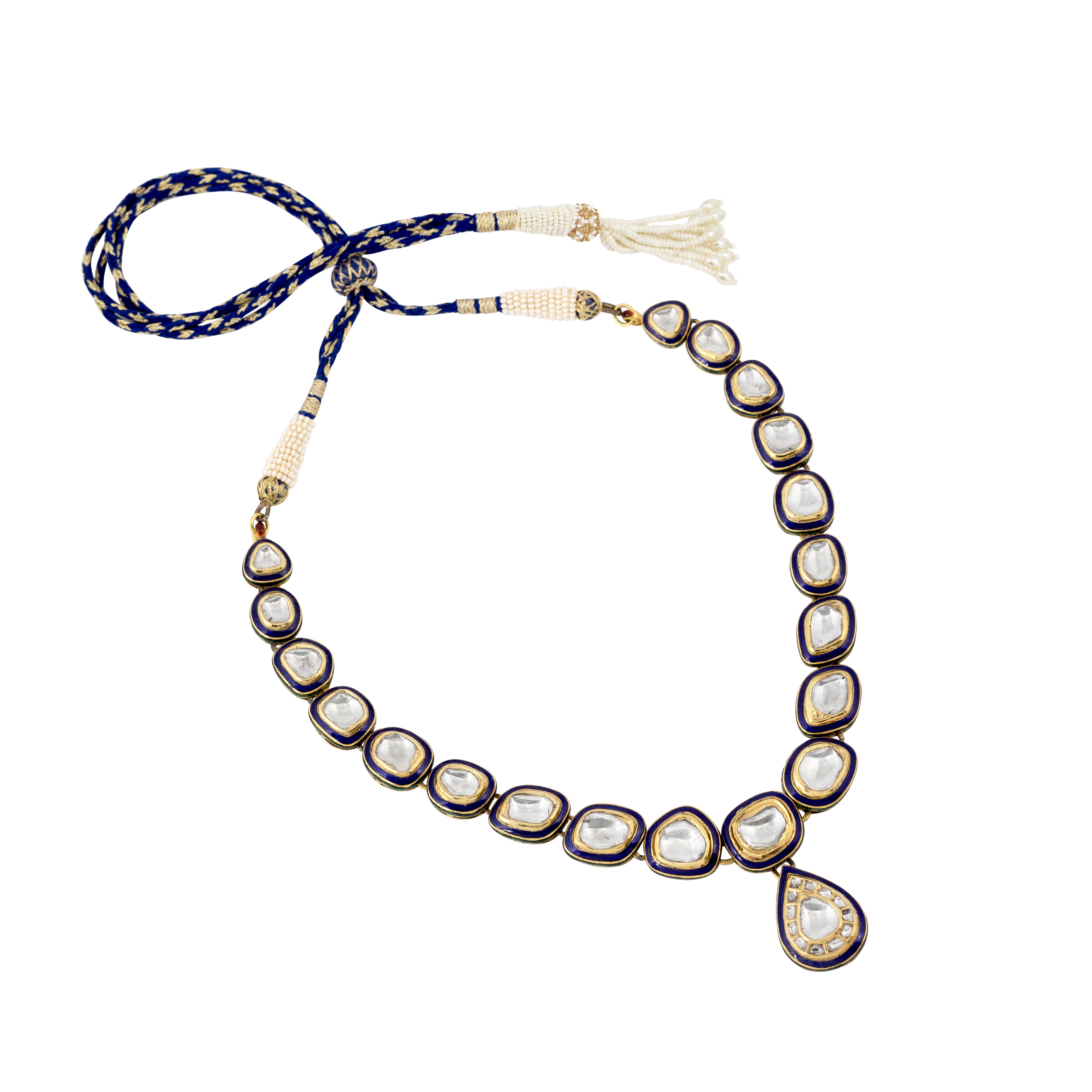 Framed Blue Enamel Polki Necklace with Central Teardrop Pendant